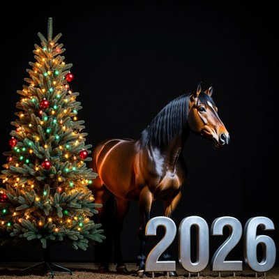Festive horse near christmas tree