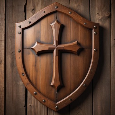 Wooden cross shield on wooden wall