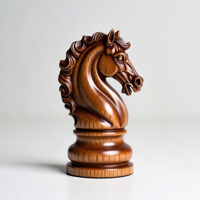 Wooden chess knight sculpture on display