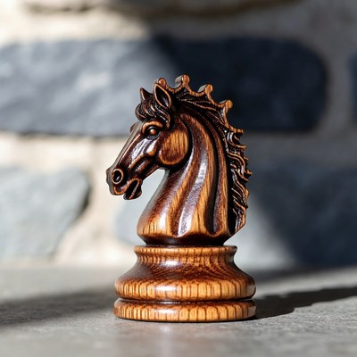 Wooden chess knight on display