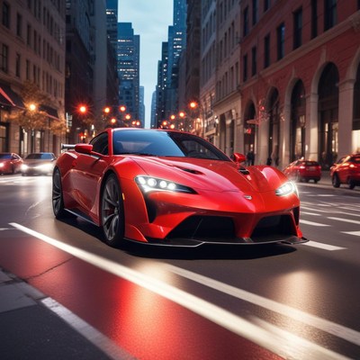 Nighttime city drive with a sports car