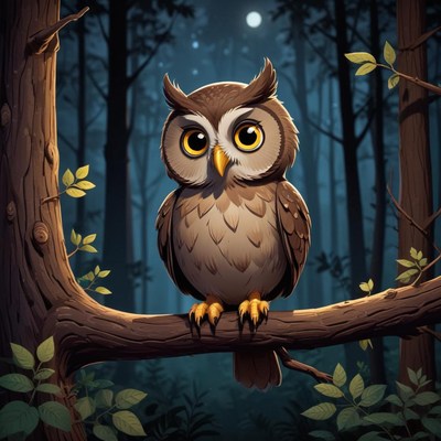 Owl perched in a forest at night