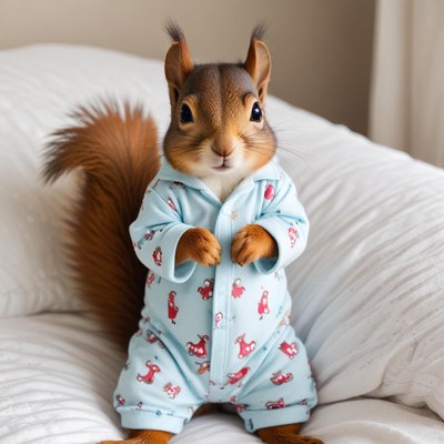 Squirrel in pajamas on bed