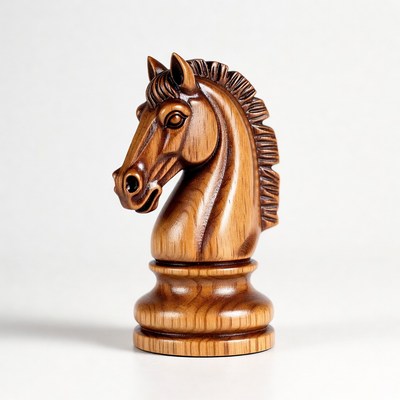 Wooden chess knight sculpture on display