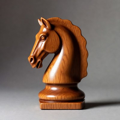 Wooden chess knight on gray background