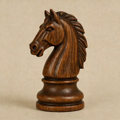 Wooden chess knight sculpture on display