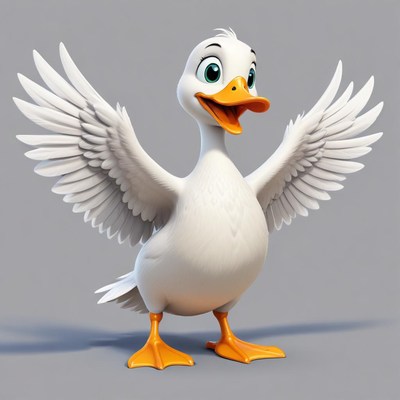 Cheerful cartoon duck with wings spread