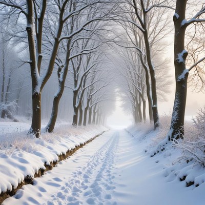 Winter pathway through snowy trees