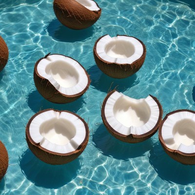 Coconut halves floating in water