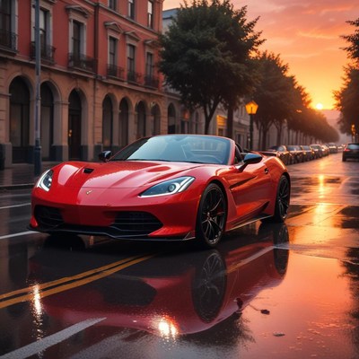 Red sports car at sunset on street