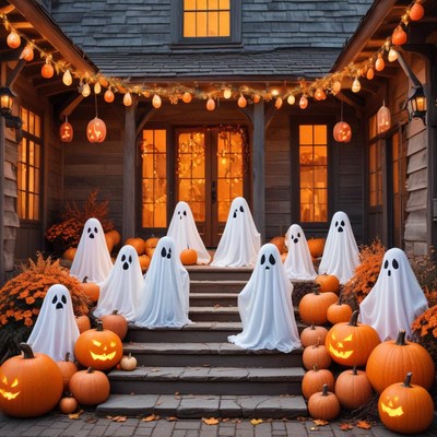 Ghosts and pumpkins on halloween night
