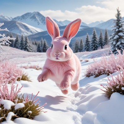 Pink rabbit hops through snowy landscape