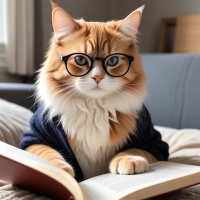 Cat reading a book in glasses