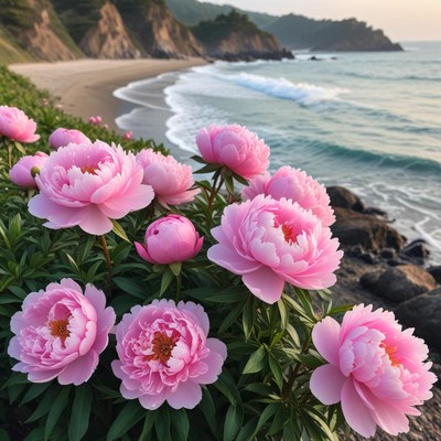 Pink peonies by the ocean