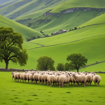 Sheep grazing on green hills