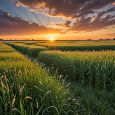 Golden sunset over rice fields
