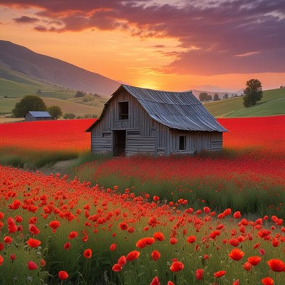 Fields of poppies at sunset