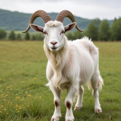 White goat stands in green field