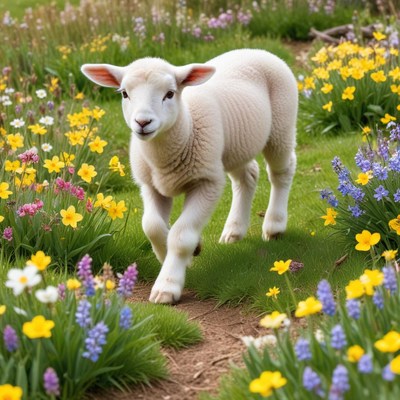 Spring lamb walking through flowers