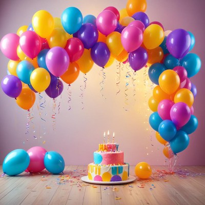 Colorful birthday celebration setup with cake