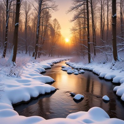 Winter sunrise over snowy river