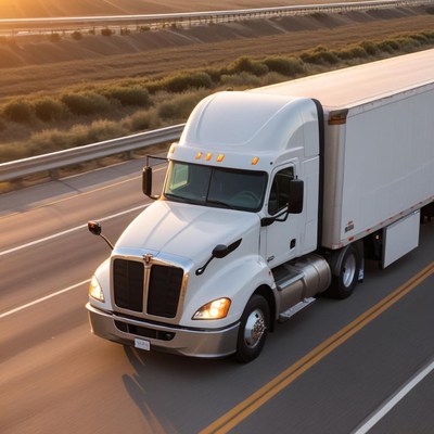 Delivery truck on highway at sunset