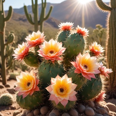Cactus blooms in desert sunrise