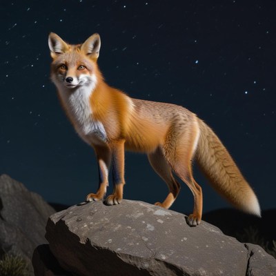 Bright fox stands on rock at night