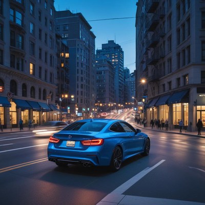 Blue car cruising through city streets at dusk
