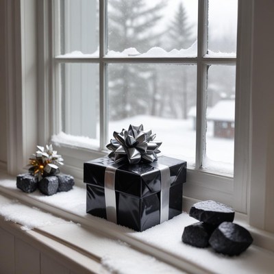 Black gift box by snow-covered window