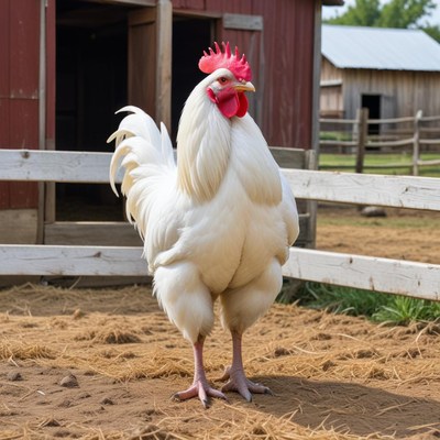 Majestic white rooster in farmyard