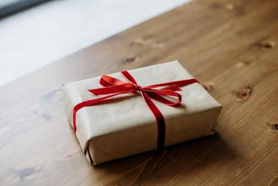 Wrapped gift on wooden table