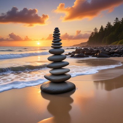 Sunset beach stone stacking