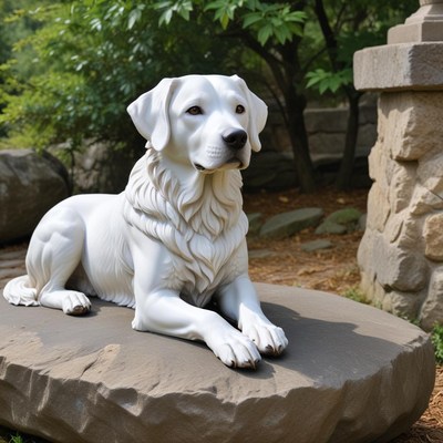 White dog sculpture in garden