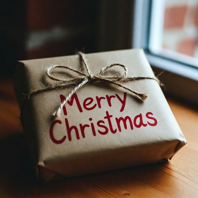 Festive gift on wooden table