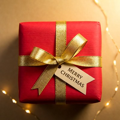 Holiday gift with golden ribbon