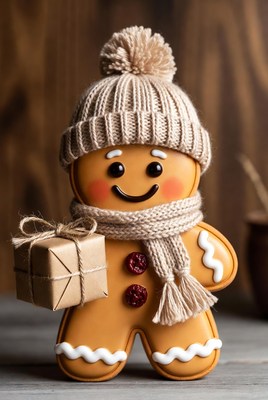 Cheerful gingerbread figure with gift