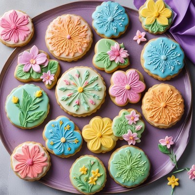Colorful floral decorated cookies on a platter