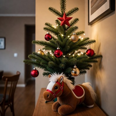 Christmas tree with decorations and toy horse
