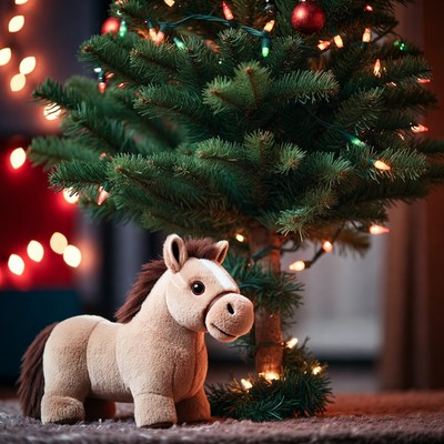 Soft toy horse near christmas tree
