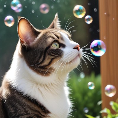 Curious cat watches floating bubbles