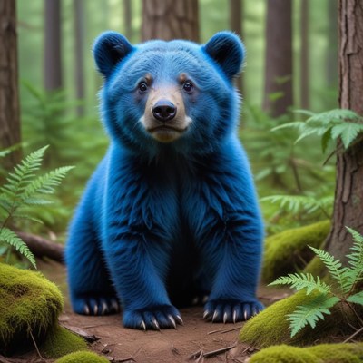 Blue bear in a forest setting