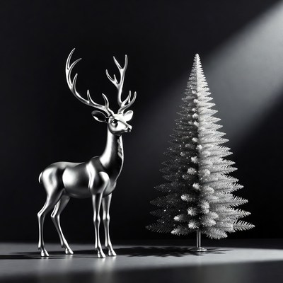 Silver deer and christmas tree display