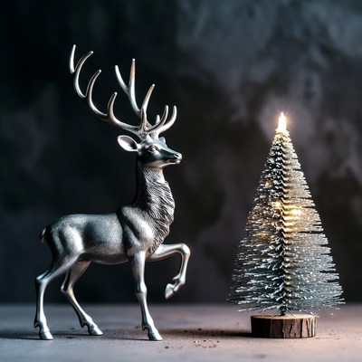 Metallic deer beside small silver tree