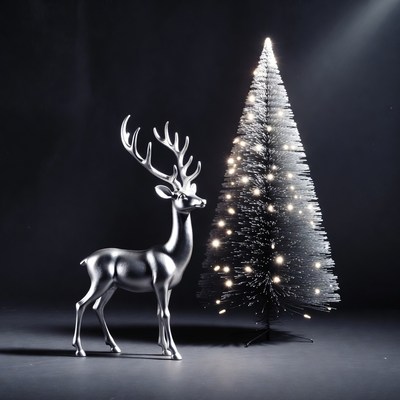 Silver reindeer beside shimmering tree