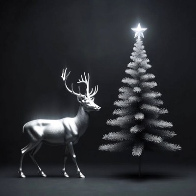 Silver deer near white christmas tree