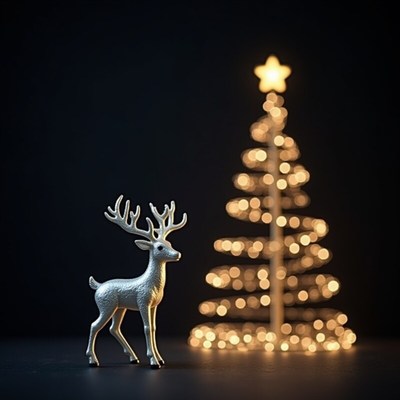 Silver reindeer near glowing tree