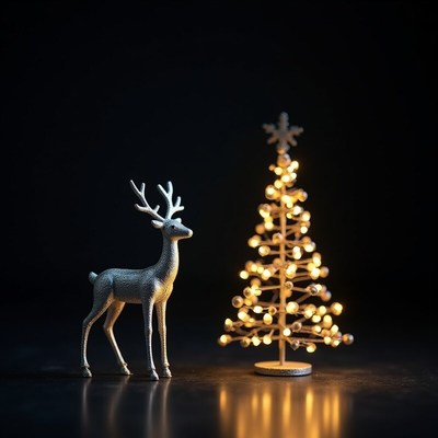 Festive deer and illuminated tree display