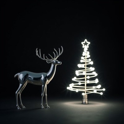 Shiny deer and glowing christmas tree