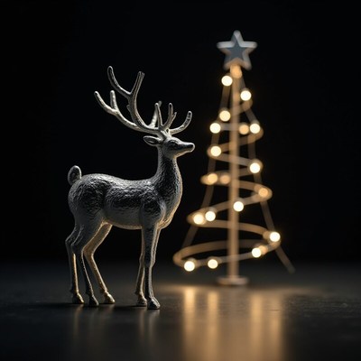 Silver deer with christmas tree backdrop